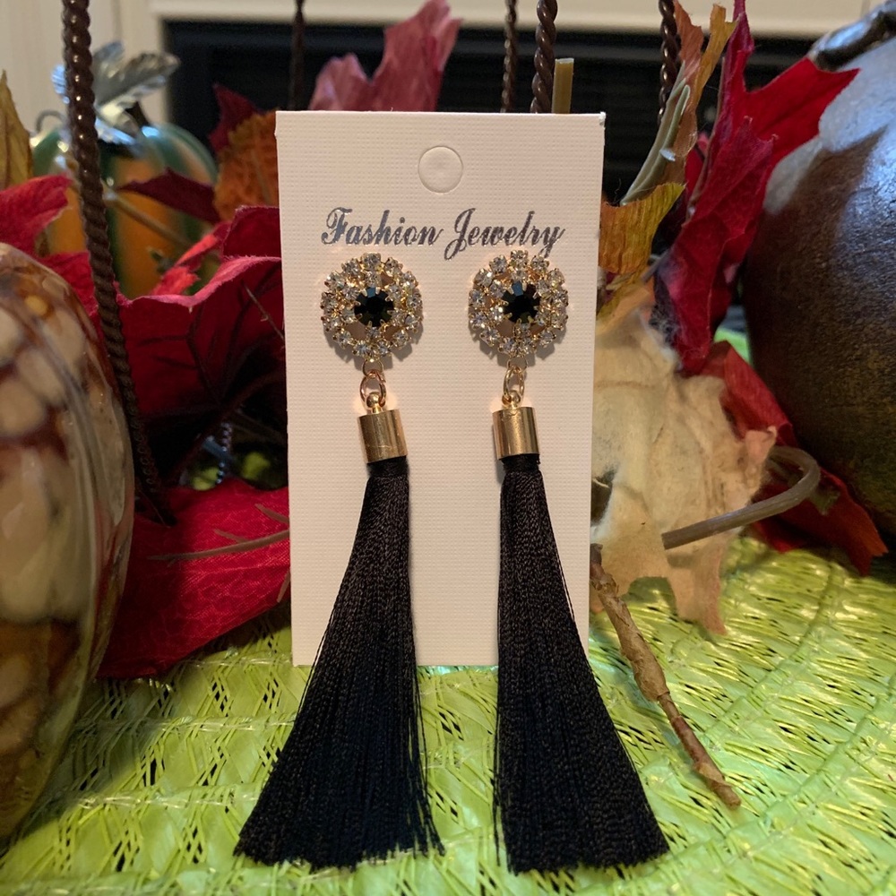 Black tassel with rhinestone earrings